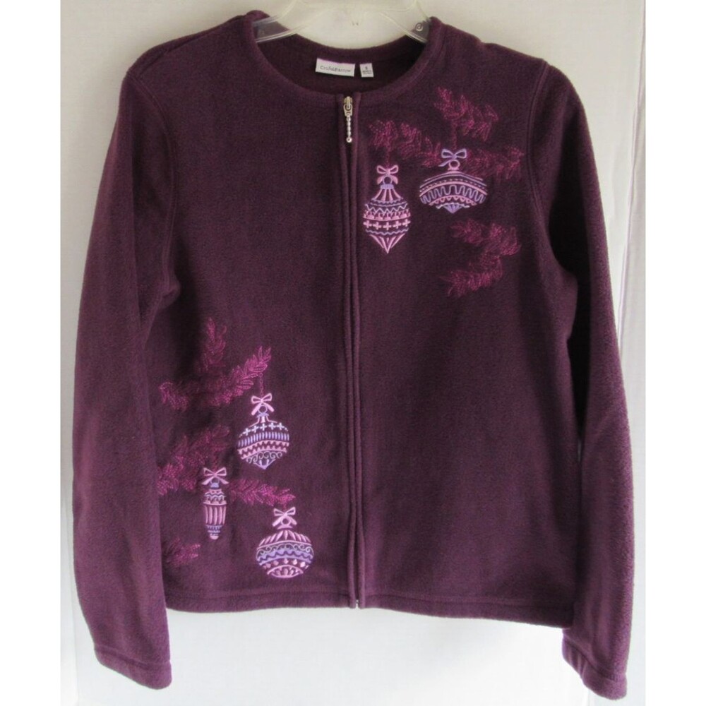 Croft & Barrow Purple Full Zip Fleece Ornaments Embroidered Sweater Size Small